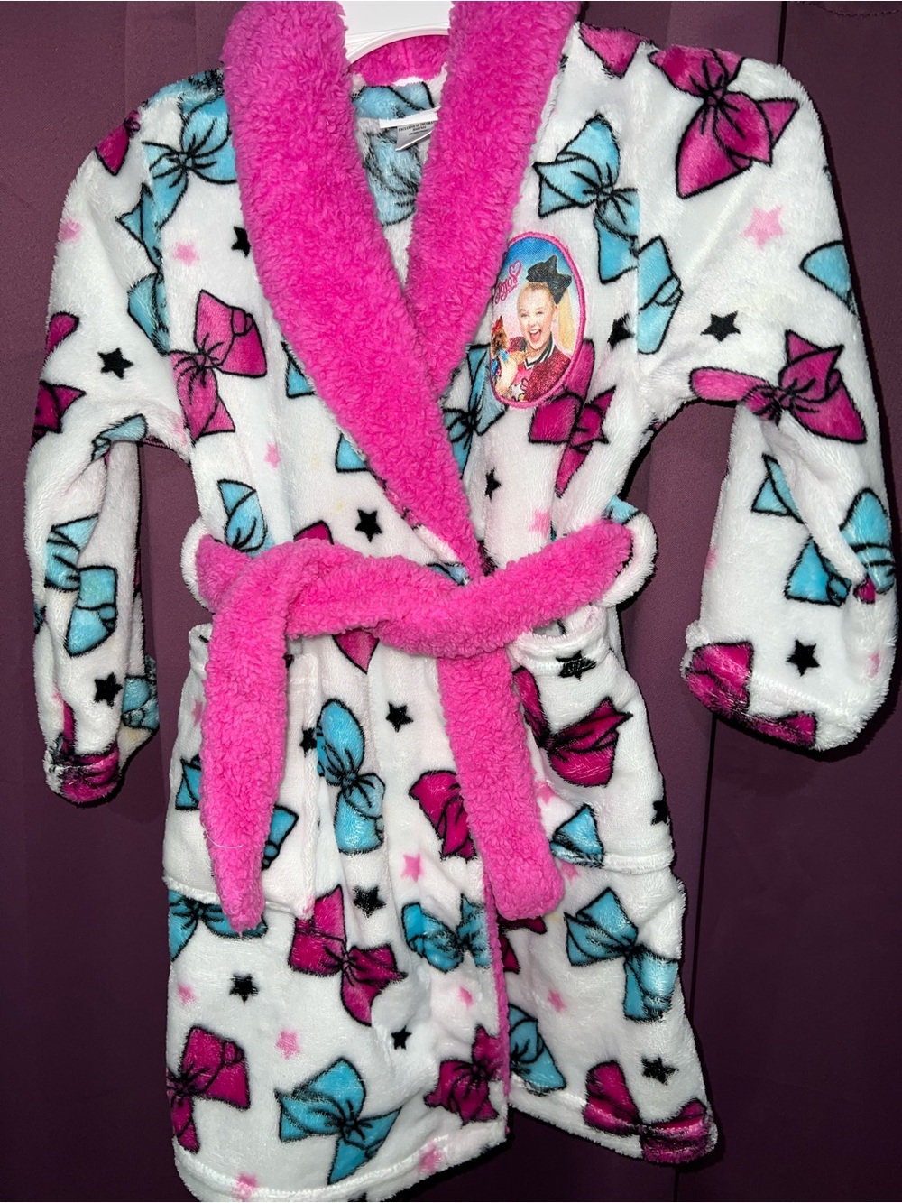 Nickelodeon Girls' White Plush Robe with Pink Trim & Blue Bow Print